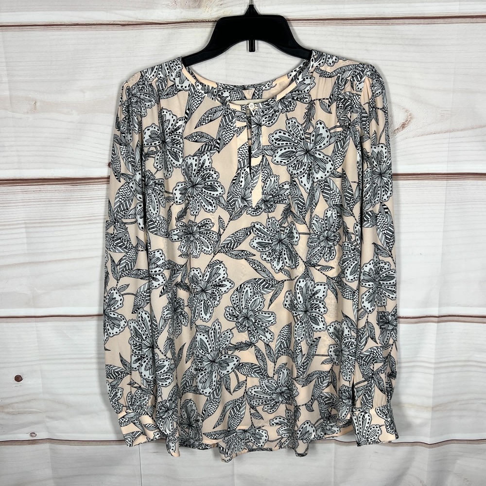 LOFT Top Women Medium Pink Floral Blouse Keyhole Neck Long Sleeve Pullover Woven